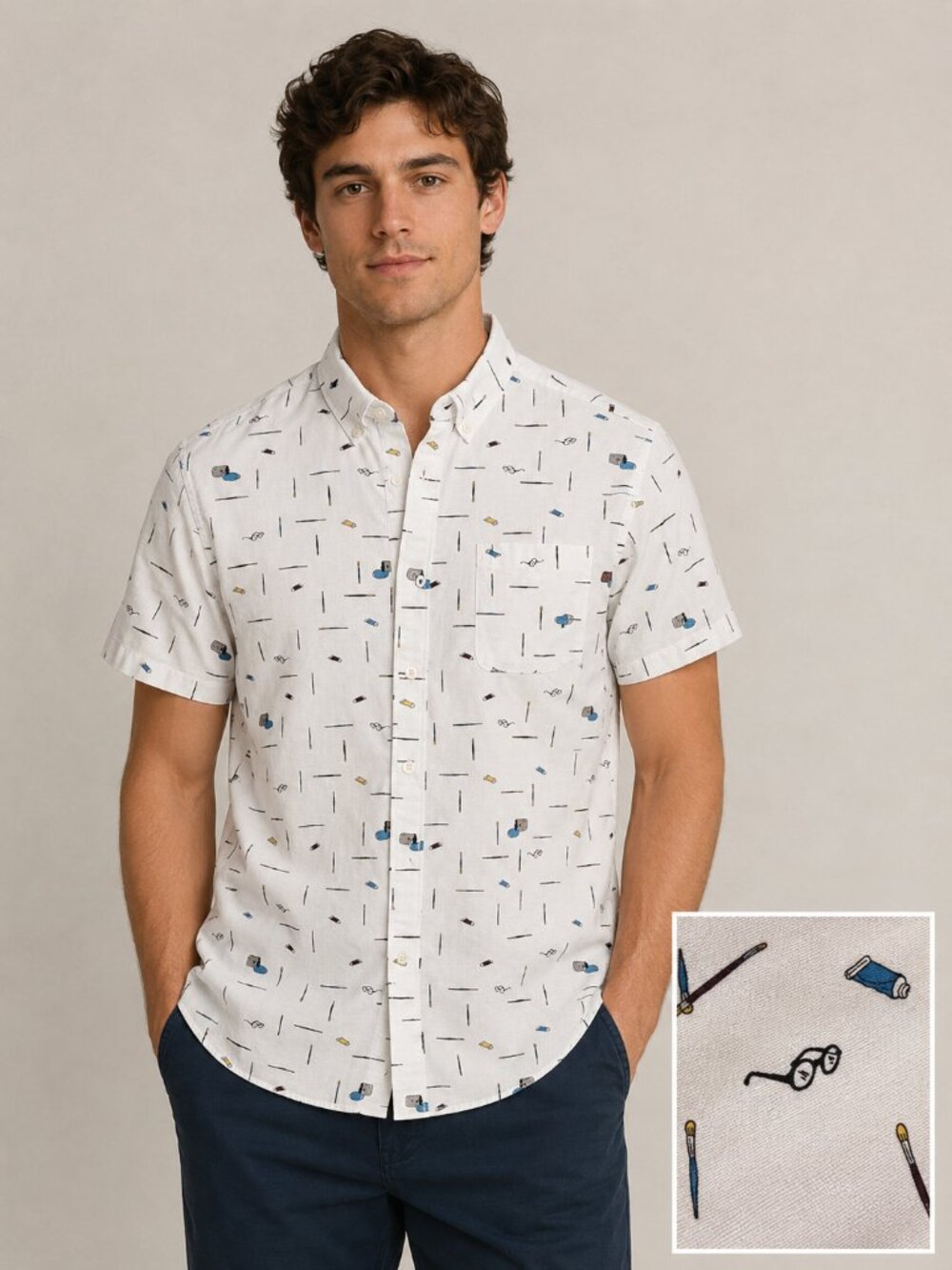 ORIGINAL PENGUIN Painting Theme Heritage Slim Fit Short Sleeve Button-Up Size M